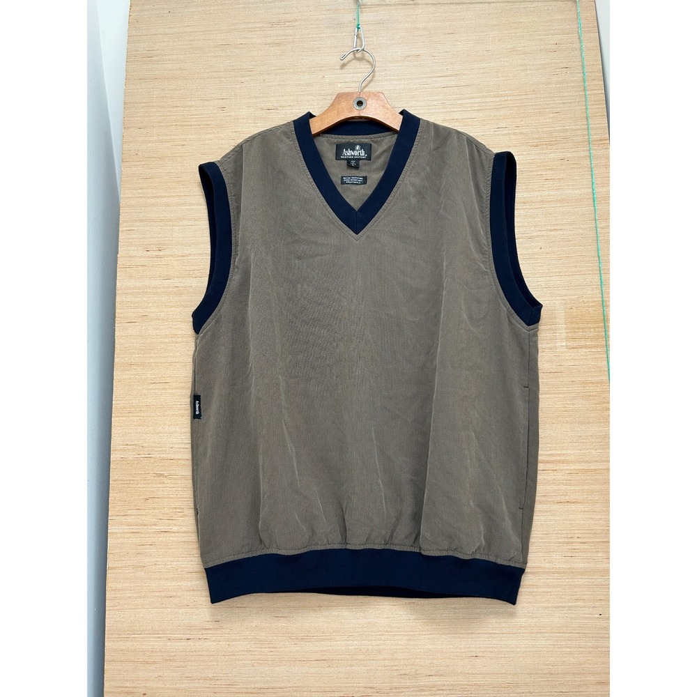 Ashworth Weather Systems Mens Large V-Neck Golf Vest Water Resistant‎ Brown Navy